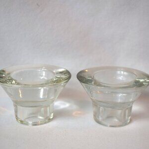 Vintage Pair Clear Glass 2 in 1 Candlestick Holders Tapers Tea Lights